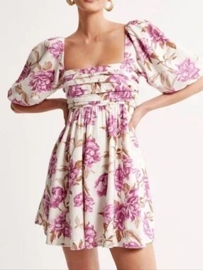 Abercrombie & Fitch Floral Square-Neck Puff Sleeve Dress in Purple and Cream XLT